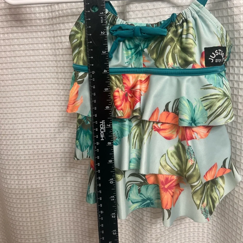 Justice Girls Teal Tropical Ruffle Tankini Swimsuit 2-Piece Small (Tag Removed)